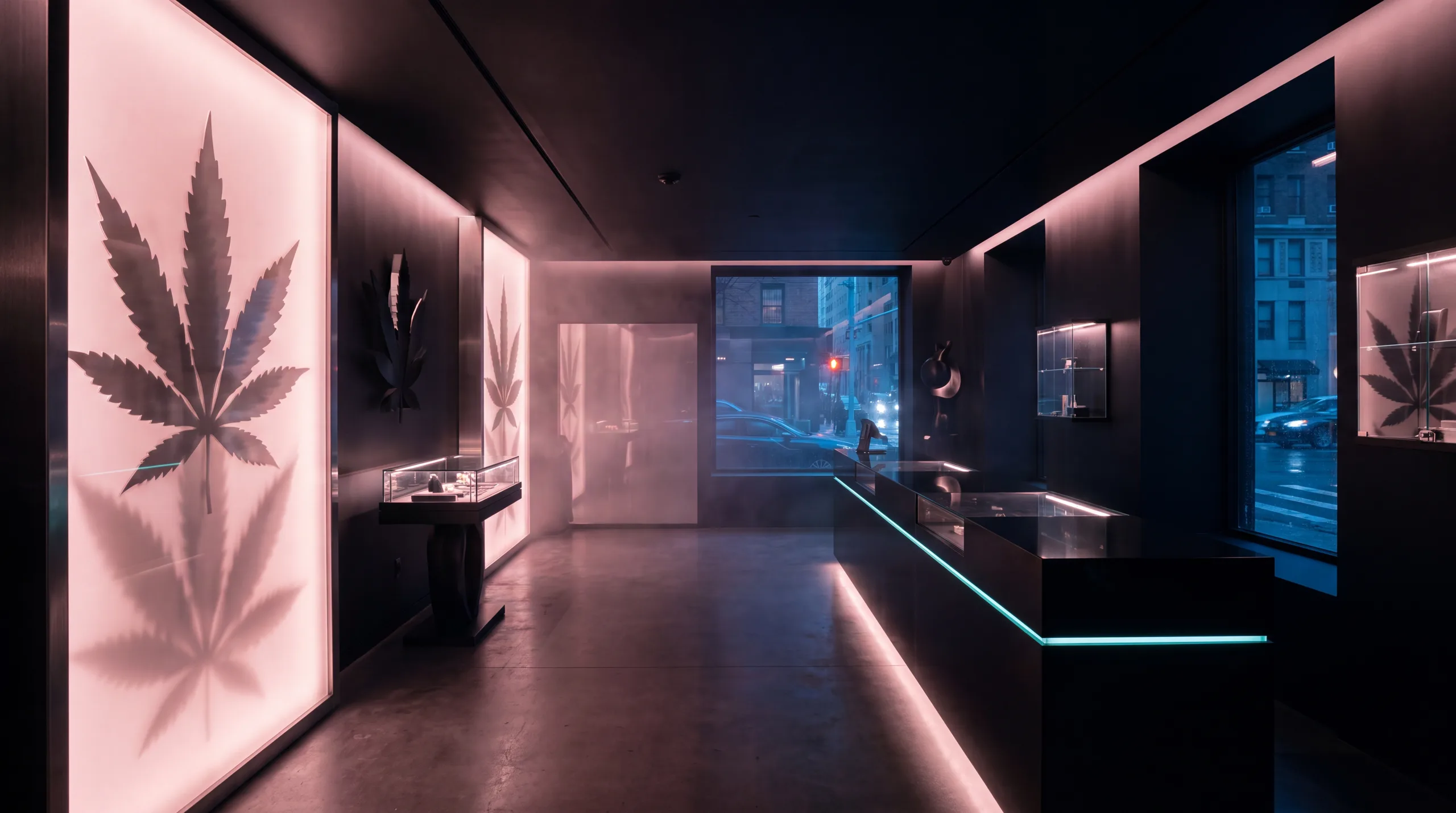 Premium matte-black Beleaf NY cannabis dispensary interior at night with blush-pink neon-lit cannabis leaf panels